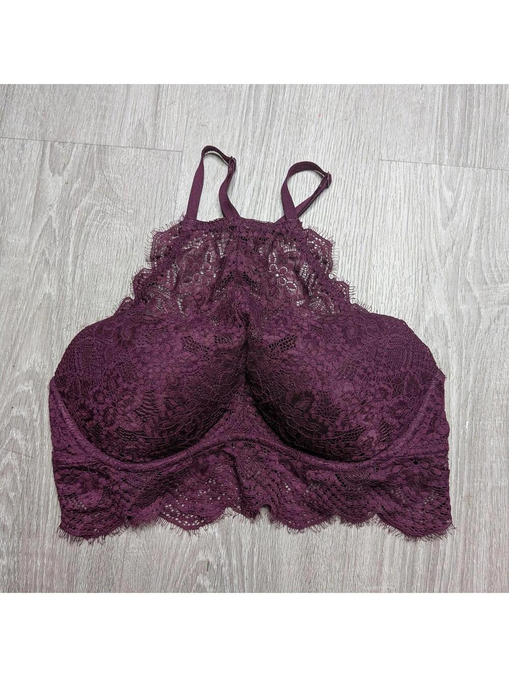 PINK Bralette Womens Medium Purple Lace Padded Wireless Floral Logo Longline